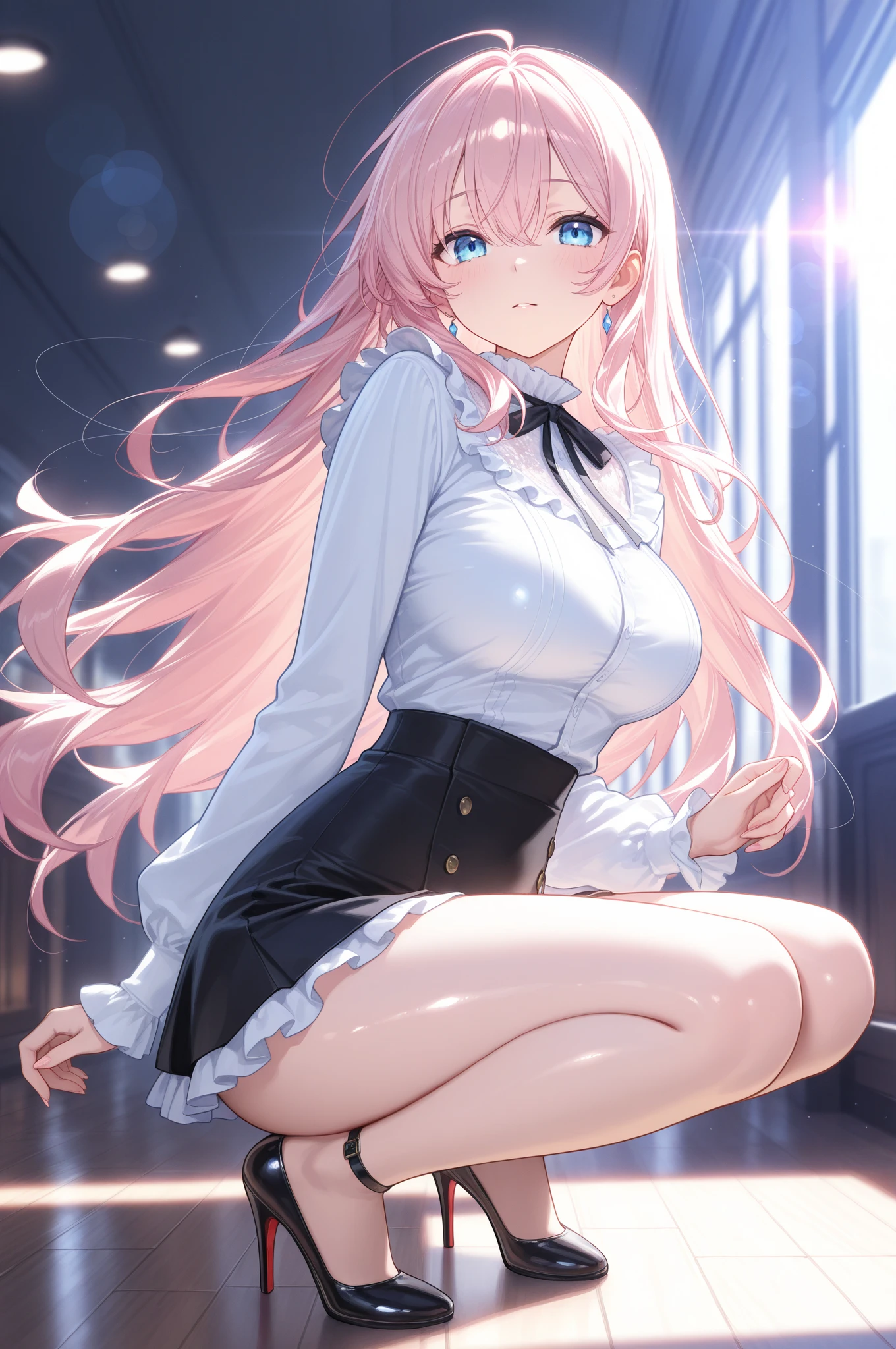 A girl，long hair, bangs, Pink hair, Hair between the eyes, s eyes，blue eyes:（1.5),  (Large Breasts:1.2), 
rest clavicle, Wedding dress，Veil，wedding，White dress，Flowers，Broken skirt，White socks，Tights，White knee socks，
looking at viewer, whole body,
indoors, church，Standing，Standing，
rest (masterpiece:1.2), best quality, high resolution, Unity 8k Wallpaper, (illustration:0.8), (Beautiful and delicate eyes:1.6), Extremely detailed face, Perfect lighting, Extremely detailed CG, (Perfect hands, Perfect anatomical structure),