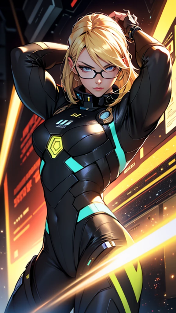 beautiful face, best quality, ultra high resnatural light, shiny skin, detailed skin, detailed face, detailed eyes, beautiful lady, blond hair, straight hair, floating hair, big hair, mole under eye, bespectacled, red frame glasses, A scene from a science fiction movie, a brilliant fantastic background, (a body-hugging green metal suit), thick belt. ((flat chest))