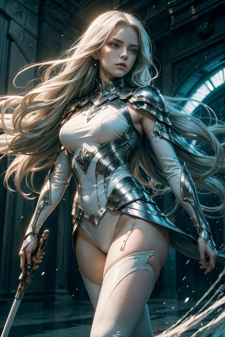 Best quality, 8K,glorious angel, female, beautiful and detailed face, blonde curly long hair,big eyelashes,big angel´s wings,LOOKING TO observer,silver metalic armour over bodystocking,GLOSSY PANTYHOSE,armlets,black belt,over the knee boots,iluminate cathedral scenario, DYNAMIC ANGLE