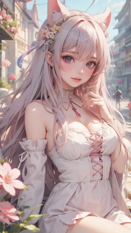 Anime girl, listening to music, wearing a flowing dress, cheeky smile, ((big bust)) looks into the camera, photorealistic, soft pastel colours, intricate, path tracing, illustration, insanely detailed, direct sunlight on face, path traced hair