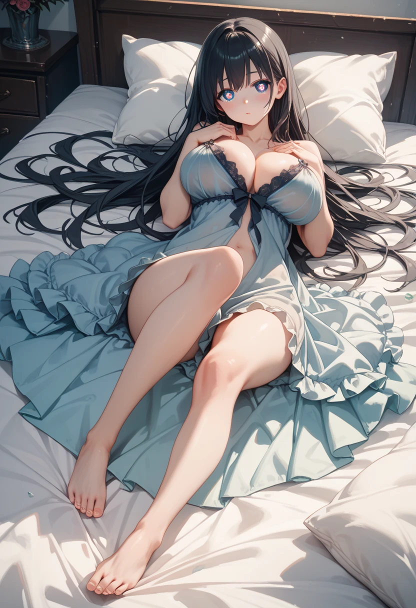 A girl lying in bed，Face up，Raise your legs slightly，Front view super detailed beautiful big breasted girl 16 years old. ultra HD, 4K, 8k, Movie，whole body，Lying down，Long legs，Very big breasts，Whole body capture，（（（Lying in bed））），（（（whole bodyLying in bed））），Blue bed，Off-shoulder，Shoulder to shoulder，Lying in bed，Sleeping on the pillow，Lying down，Headrest pillows，Blue long skirt