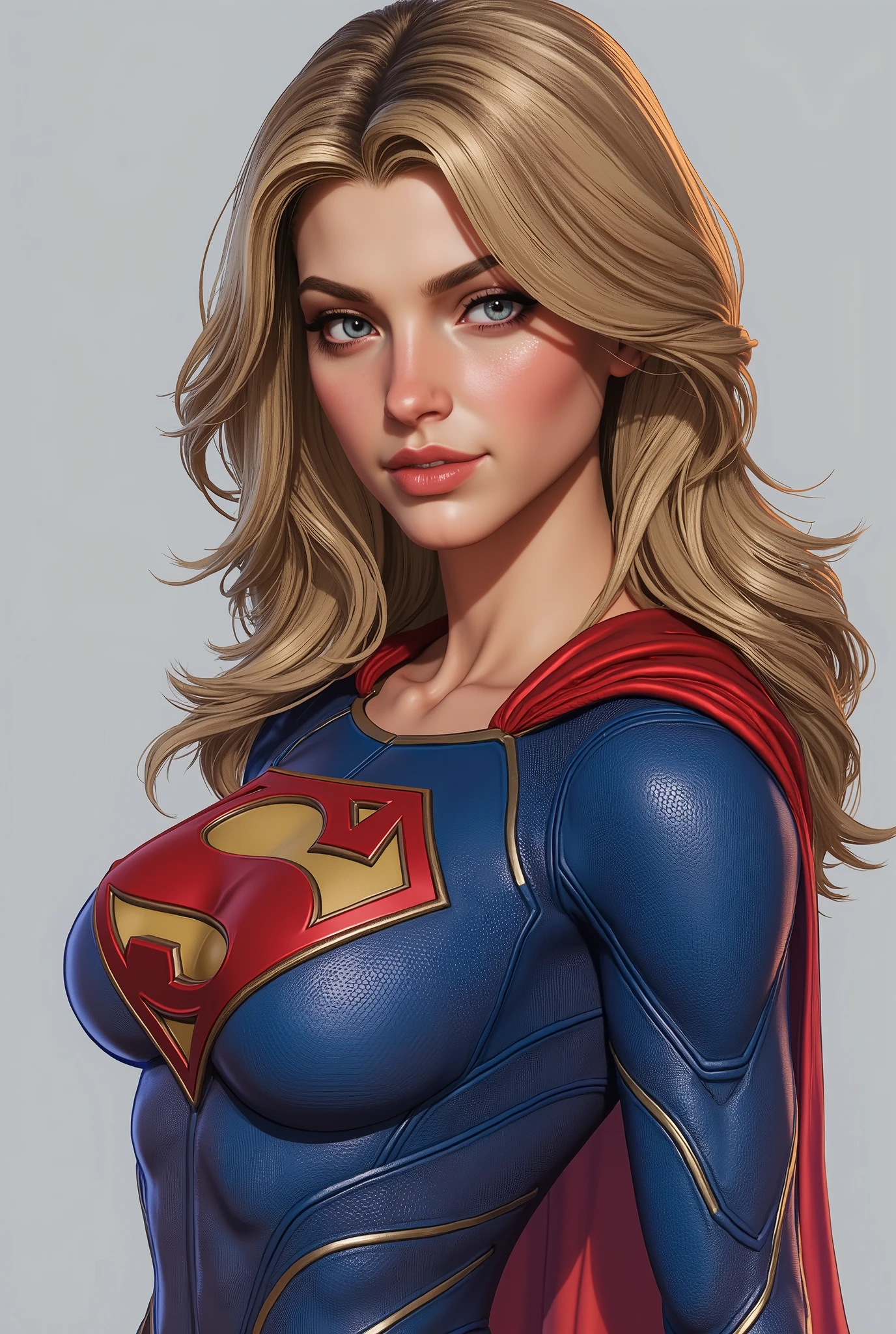 , supergirl ,Defined full lips,natural lighting,,sexy ,feminine body,UHD 8K, grey background, character design sketch in various perspectives, rear, front, 3 /4, profile