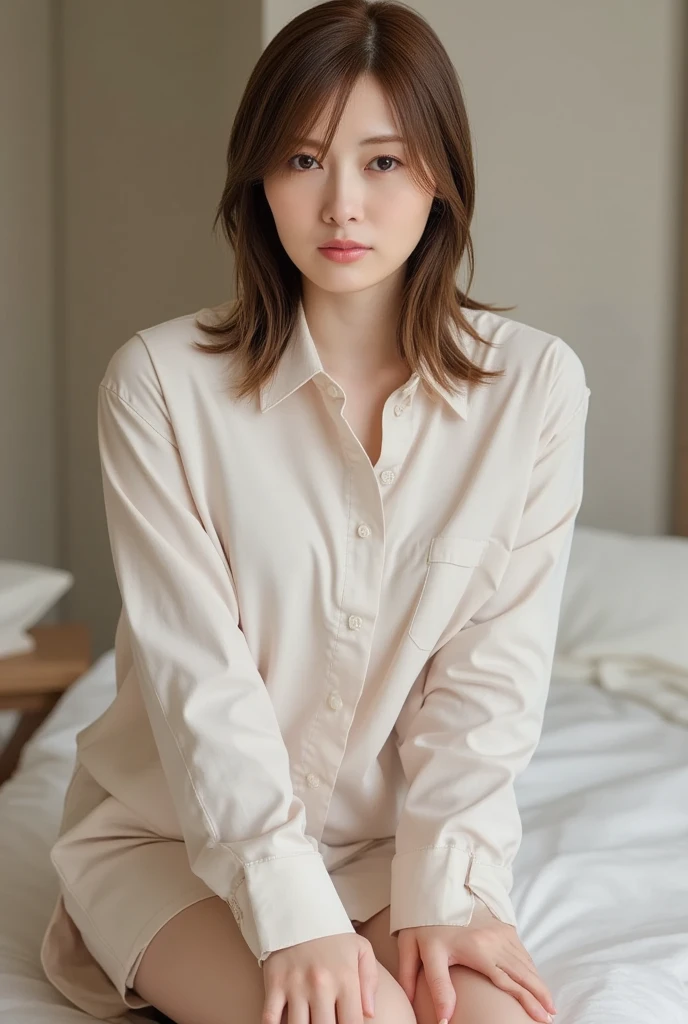Super realistic, on the bed, relaxing, oversized shirt, his shirt, sleepy, natural make-up 