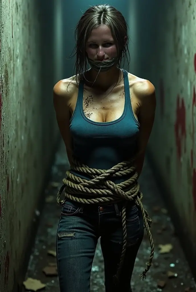high quality, high resolution, extreme detail, masterpiece, Jill valentine, tied up by ropes, in the basement, bondage, restrained, mud, angry, blue ribbed tanktop, blue long jeans, chucks, Mouth gagged by silver tape, hands behind her back restrained. legs restrained, Ankles restrained, laying hogtied on the Ground, long red hair, blindfolded