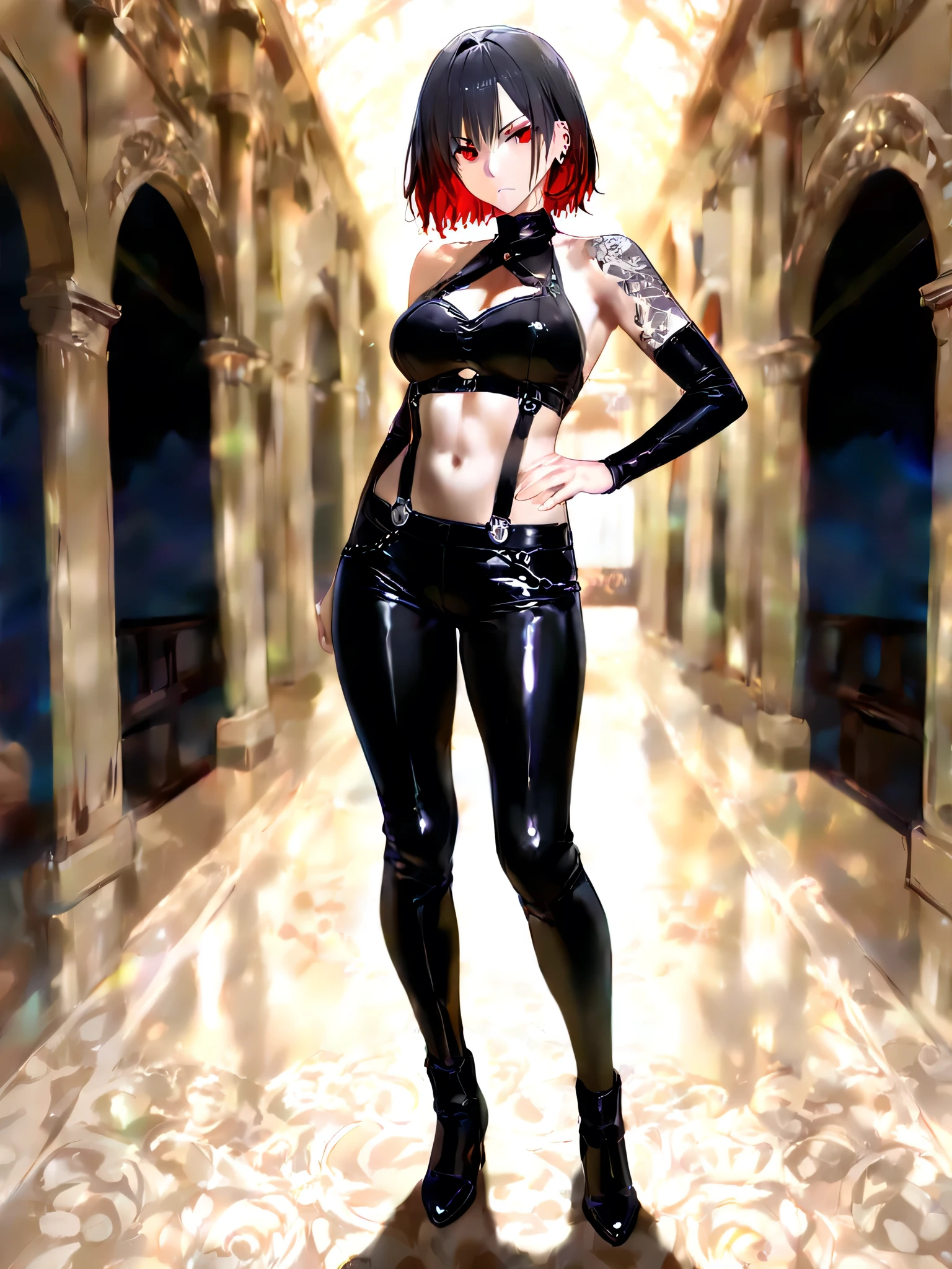 masterpiece, best quality, cowboy shot, from below,nishikino maki,red hair, purple eyes, black leather leotard, halter neck, cleavage cutout, (red lipstick:0.4), Sexual seduction, sexualised, hand on hip , thighhighs , mistress ,pov, moist skin, sweating , curvy hip