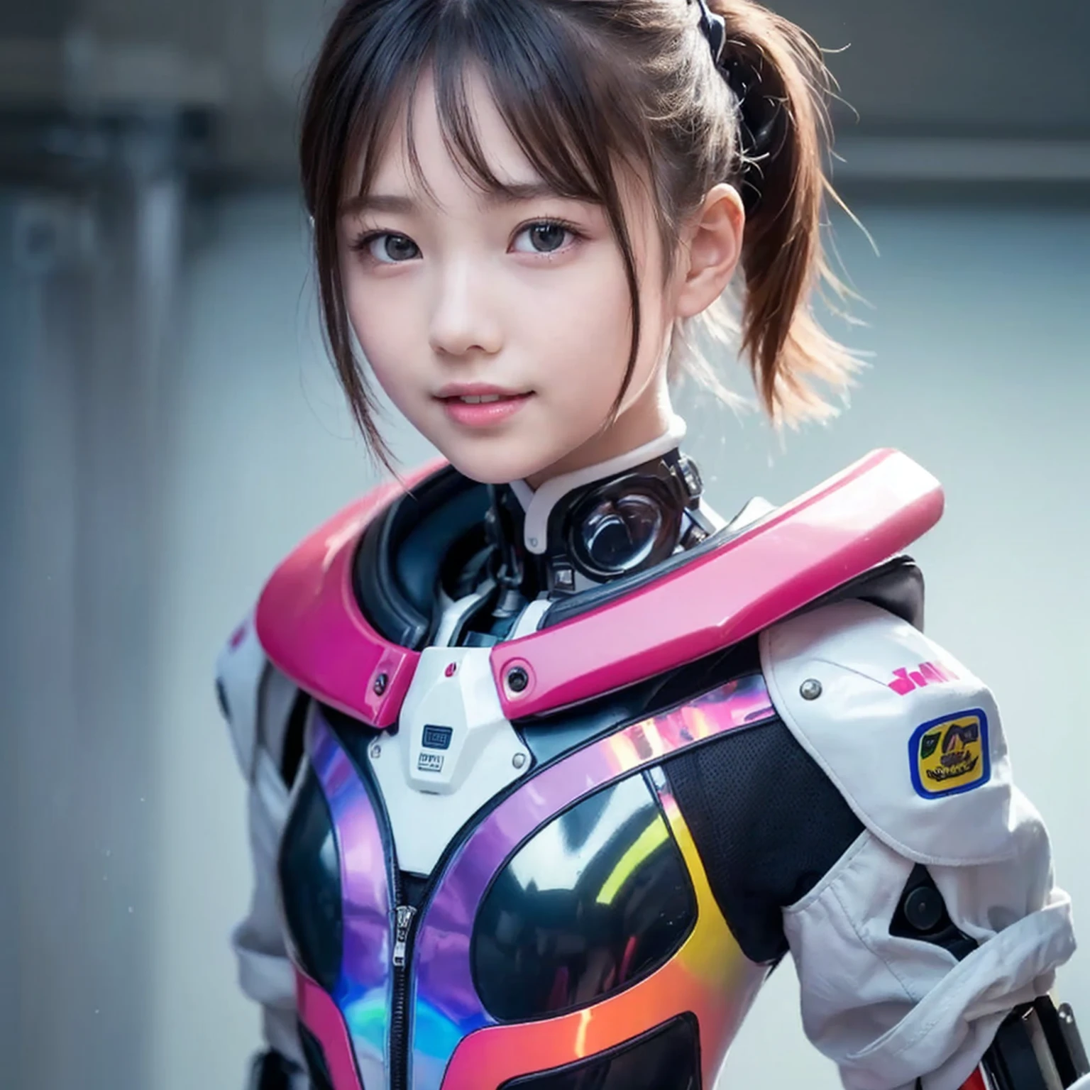 bright _ fantasy , cyberpunk, Stained Glass Windows ,((( innocent smile))), ((( boobs close-up ))),( best quality , masterpiece),white,((( one girl ))),Mechanical Wonders ,The presence of robots, cybernetic guardian wearing an old mecha suit,((( wearing a cool, rainbow-colored machine cybernetic jacket))),(((Highly exposed holographic glowing cyberpunk suit)))city, Best quality digital art, Amazing Art, wallpaper 4k, high definition , military robot,military, (Round face),(((swollen face))),((( round eyes ))),(((Droopy eyes))),black and white, Best quality digital art, Amazing Art, wallpaper 4k,8k,64k, high resolution, unparalleled masterpiece, Dynamic Lighting, movie, amazing, Damaged machine parts,((( upper body photo))),((( shirtless in the lobby))),((( Amazingly Cute Face ))),(((Nipple details)))、(((Small breasts)))、((( Young girl))),((( light brown hair)))、(((5 girls)))、 light smile、((( Standing Upright)))、(((flat chest))),(((close))),((( face close-up ))),(((Elementahort height twin tail)))、((( short hair)))