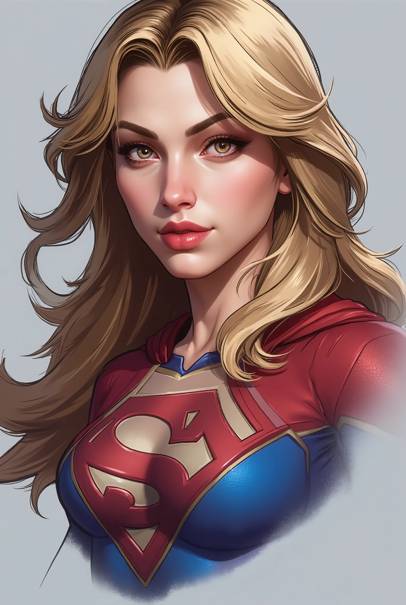 , supergirl  ,Defined full lips,natural lighting,,sexy ,feminine body,UHD 8K, grey background, character design sketch in various perspectives, rear, front, 3 /4, profile
