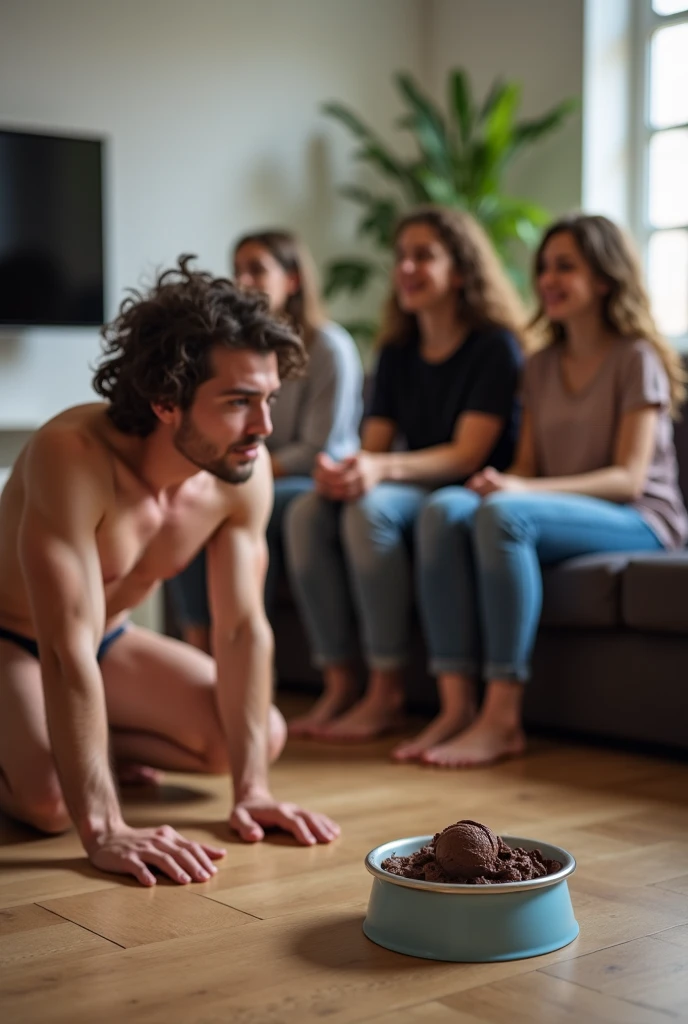 (photorealism:1.2) One large pink harem room, in which acvery skinny (((super ugly))) teenage man wearing only "underwear" with a long untrimmed beard sitting on a pink throne, he is moaning with sexual excitement and extreme pleasure, surrounded by many beautiful sexy 16-year-old blonde and redhead straight hair naked girls on their knees looking at him. The boy has his hands on his cheeks while moaning with extreme pleasure and leaning back on the throne with extended legs. Four of the girls are kissing and caressing the man. 
View:  The imagine is seen from the entrance of the room some feet away, with over the shoulder perspective photo, 
high resolution, masterpiece, best quality, intricate details, highly detailed, Hiperrealistic