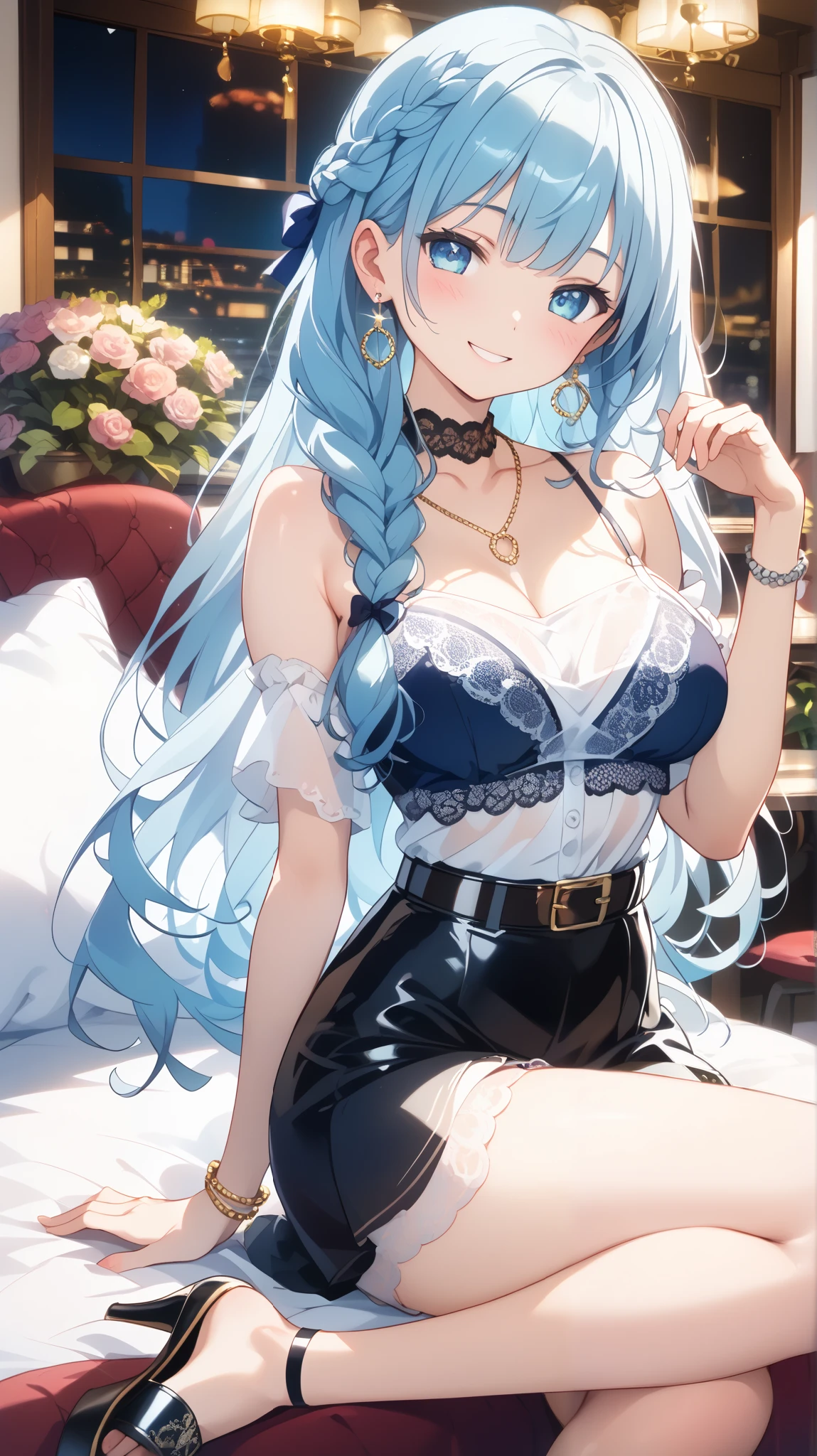 TOP QUALITY、high definition、 super realistic 、 RAW photos 、Film Grain、detailed background、 beautiful face、 Love hotel bed 、cute10代の美少女、realistic、 perfect body line、braided ponytail、cute髪型、Calm Atmosphere、 happy expression in a high room、smile、Laughter、 sexual expression、 upper body、 tea time at the cafe 、 choose white or pastel colors for a lace top and flared skirt ...、Sandals or heels、If your lace top is see-through, You can also wear it with a camisole underneath for an elegant look.、 choose a soft-colored lace blouse 、 if your lace top shows through .、Adding lace to the sleeves and collar of the blouse makes it even more cute.、Choose a colorful lace camisole、Add elegance with a midi skirt、cute、Simple and elegant pearl earrings、delicate chain necklace、 A watch that gives an elegant and sophisticated impression 、It's best to choose a design that suits your taste and style....、 leather belt , Metal Belt、