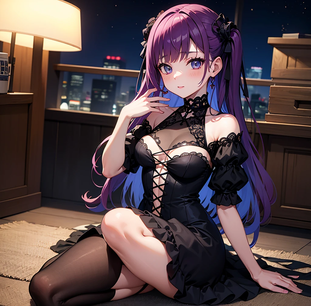 1girl, beautiful purple dress, lace, cleavage, in the room with a window, legs, beautiful, hand on the mouth
