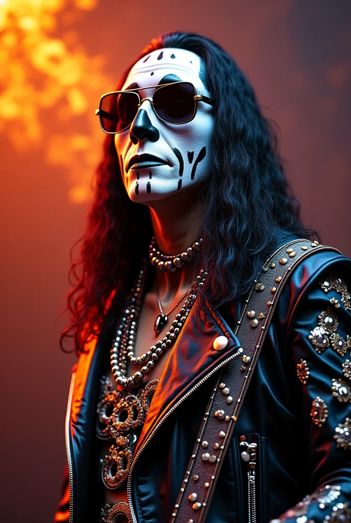 T-shirt Design, ((black background)). "The Crow". The character is in the middle of a dark street, with a bright green light shining on him. (( The Crow V.IT Face, White face with black makeup )), The background is black with smoke. Wearing a The Crow Costume. The character is wearing a black overcoat, jeans. He has long black hair and wears black makeup, makeup with just one line on each eye. DETAILED FACE, intricaten. Realism: The generated art should be realistic and highly detailed. Lighting: The lighting should be cinematic, with a bright green light shining on the character. Background: The background should be black with smoke. Cinematic lighting.
