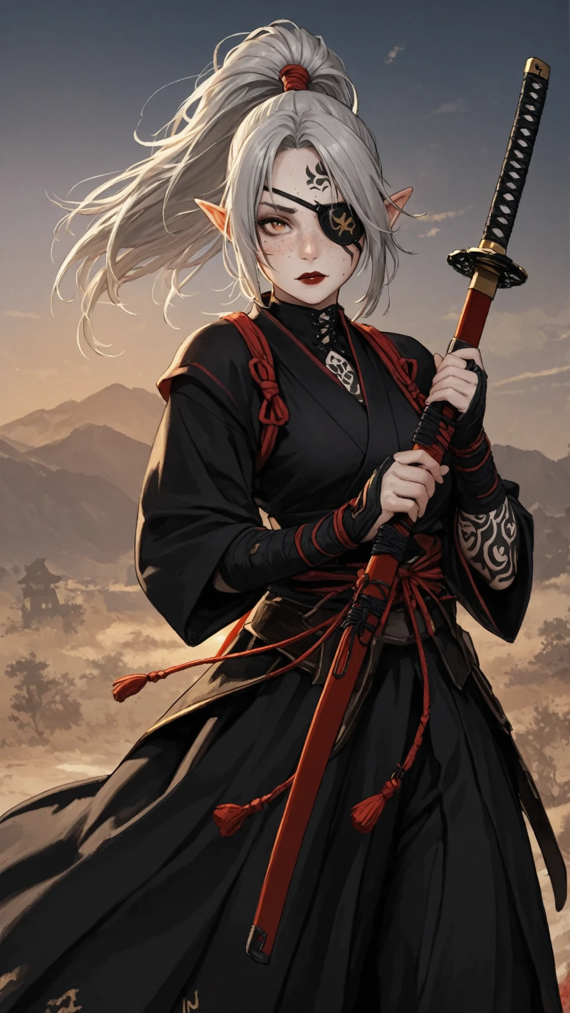 1girl, long hair, gray hair, ponytail, eye patch, kunoichi, samurai, beautiful, pointy ears, holding a katana, amber eyes, tired face, sun, D&D, warlock, freckles, dark red lips, scar on eye, black tint on eye, white katana, nodachi, gothic, witchcraft, freckles on face, eyepatch, black tattoos on face, tattoo on eye