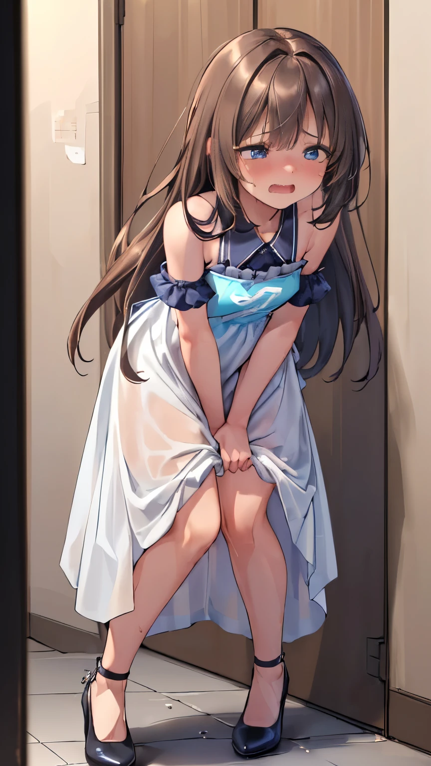 (8K, ultra-detailed, best quality, ultra-detailed face, anatomically perfect figure, extremely detailed beautiful girl:2), (SIGMA 200 mm F/1.8, 1/10 sec shutter, award-winning photo), beautiful small breasts, shiny skin, (have to pee), (Disheveled hair:1.4), (unable to hold pee anymore desperate look:1.5), (squinting face:1.2), (She needs to urgently pee so badly:1.5), (Standing:1.4), (She is stomping her feet and switching over her legs while hold in her pee:1.5), (She restless wiggling her body restless swinging her hips and waits desperately holding pee for her turn to use the restroom:1.5), (She extremely frantically hold her crotch along with her long dress:1.9), (skirt on pee stains:1.2), (panting), (full face blush), (She can't hide her embarrassment:1.3), (impatience:1.6), (flustered:1.3), (from Hiding the camera at her skirt:1.5), (focus ankle strap heels:1.2), nsfw,
