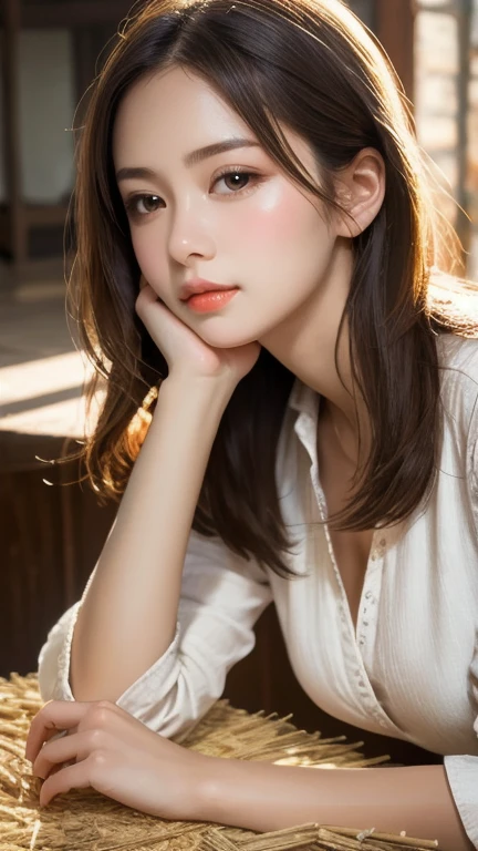 ((Realistic lighting, best quality, 8K, masterpiece:1.3)), sharp focus:1.2, 1 girl, Beautiful woman with perfect body:1.4, slim abs:1.1, ((Dark brown hair)), (White shirt:1.4),(External,night:1.1),indoor,Super face slimming,narrow eyes,double eyelids,Exposing the entire delicate and beautiful breasts