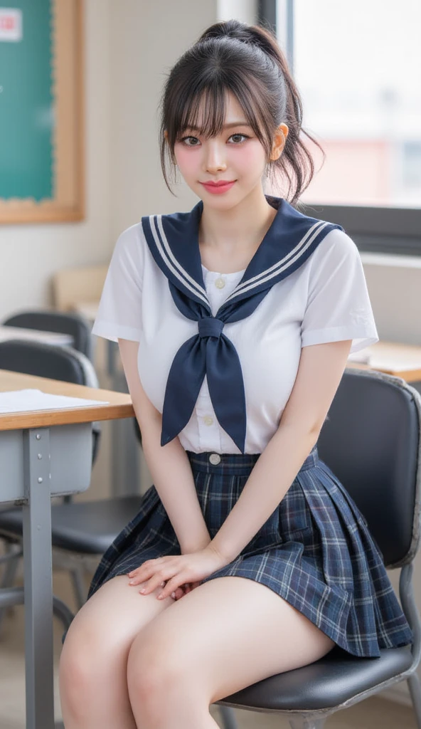 (best quality, 8k, 32k, masterpiece, UHD:1.2), (RAW photo), (realistic), (photorealistic:1.2), (high resolution), huge filesize, ultra-detailed, extremely beautiful face & eyes, 1girl, japanese elementary school student,, 13yoyo, rosmall face, thin waist, large breasts, slim proportions, thin thighs, (darkblue pleated mini skirt, japanese sailor, sailor fuku, serafuku, japanese school sailor suit), nice hands, perfect hands, accurate hand depiction, perfect thumb & fingers, sweaty, shy smile, pure white teeth, from below, japanese classroom,