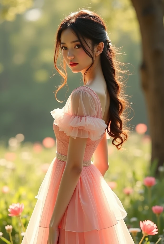 (highest quality, 32k, High resolution, masterpiece:1.5,), Haunting fantasy portrait in abstract style, ((In a swirl of fantastic pastel colors and soft light)), Evoking a sense of soothing tranquility and elusive beauty, Award-winning masterpiece with amazing details, beautiful japanese woman, whole body, Low - Angle, perfect human anatomy, big magical eyes, gentle smile, ((shiny black hair)), Detailed wind-torn ponytail, Beautiful asymmetrical bangs, hair between eyes, smooth and soft skin, thin eyebrows, clear double eyelids, Attractive pink lips, ((white see-through dress, off shoulder, mini skirt, Absolute area)), High resolution perfect clavicle, Beautiful chest in high resolution, Slender body with plump breasts, High resolutionの美しい太もも, ((Colorful glowing light effect:1.3)), gentle sunlight, professional lighting, professional photographer, Professional models,mysterious