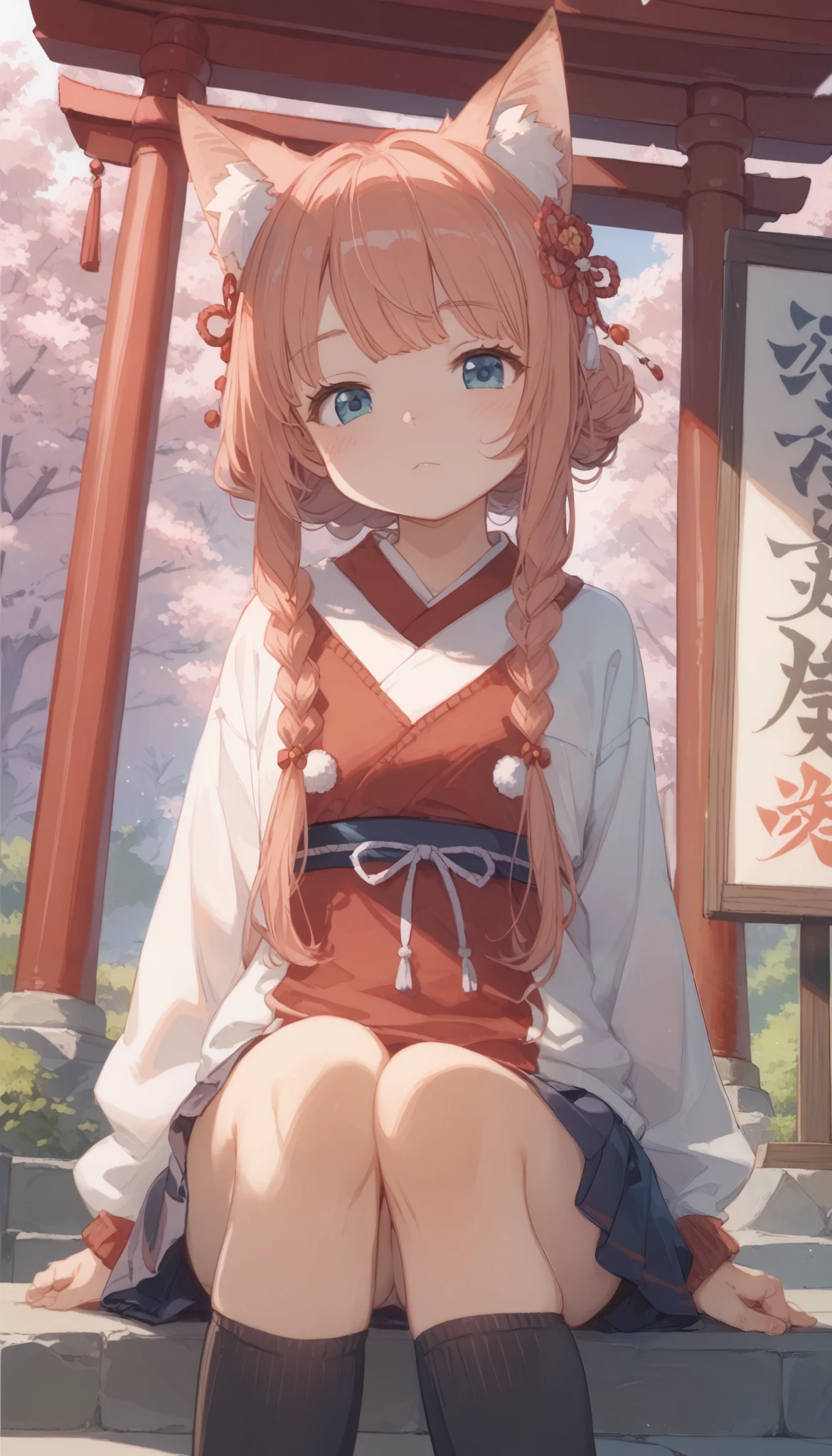 Pretty Strong Makeover 、 cute anime girl with a small face and 、 it's cute キツネの耳の女の子、 fox ears、 the royal family 、夢のように it's cute 、 it's cute 、 expressionless、 simple oversized pullover 、 black knee-high socks 、 poster style 、flat-colors、 Carefully calculated 、 arranged motifs 、HIGH QUALITY DESIGN 、 kitschy aesthetics 、Inari Shrine、torii、