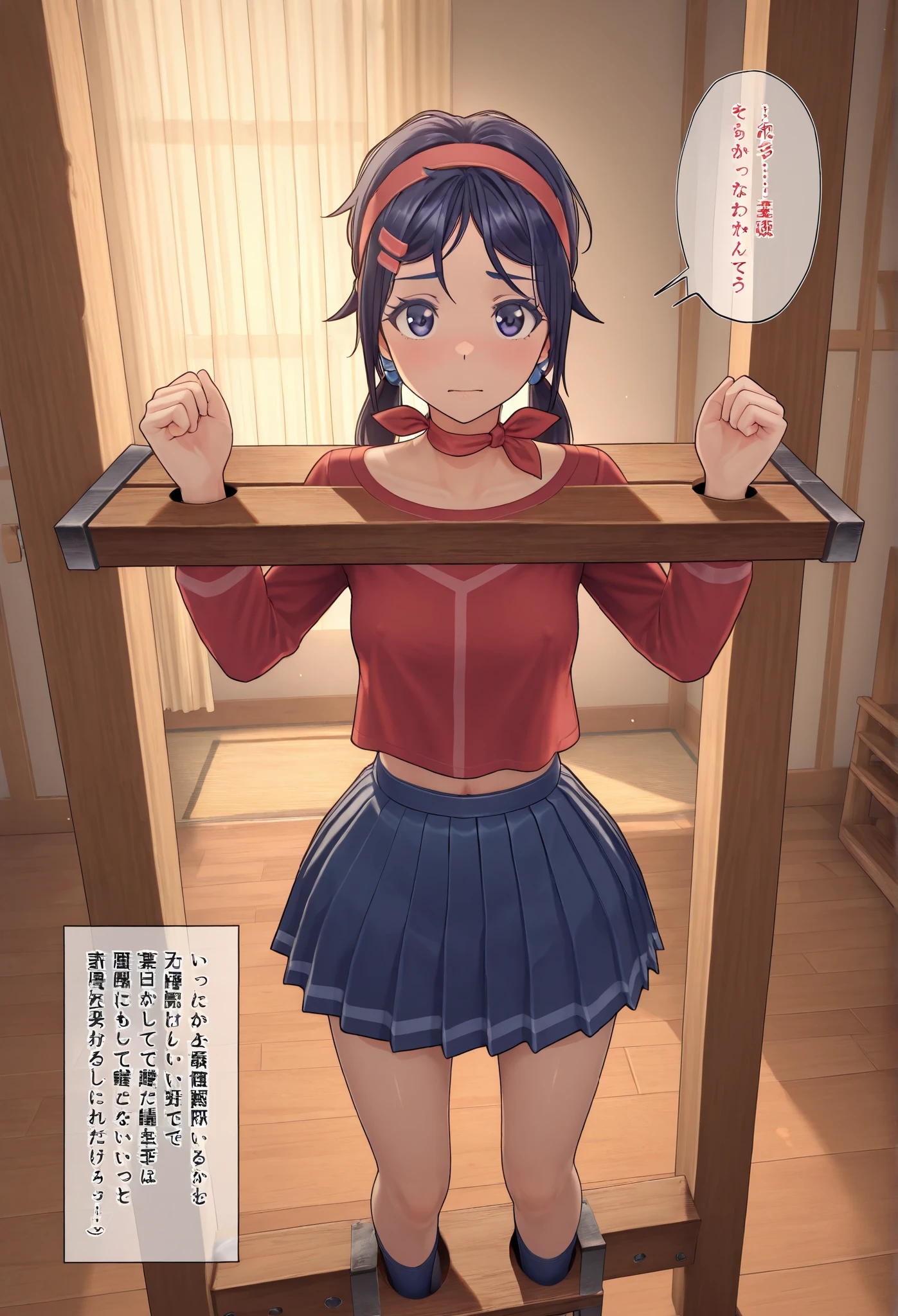 (arms behind back:1.5), bound arms, Red rope, gag, gagged, shibari, bondage, vibrator in pantie, tears, embressed, spread legs, m_legs,,((kneeling, arms behind back, bound arm, bound wrists, bound legs, wrists behind waist, rope bondage, shibari over clothes)),in the jail,jail,best quality, masterpiece, highres, solo, {kaga_kantaicollection:1.15}, black_hair, side_ponytail, brown_eyes, short_hair, breasts, long_hair, 1girl, japanese_clothes, muneate, tasuki, looking_at_viewer,
