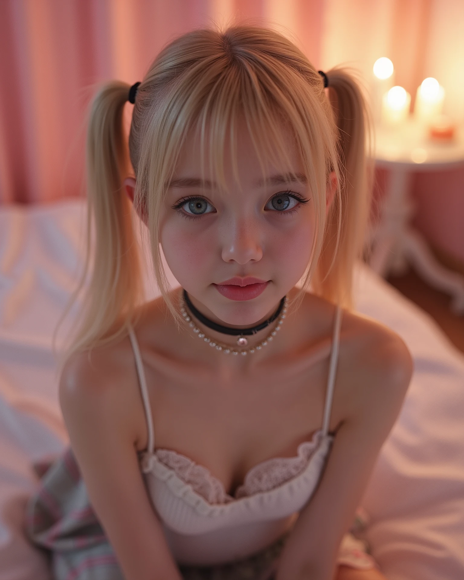 1 girl, high school girl , pigtails, beautiful face, gorgeous, beautiful, beautiful, beautiful face, pale skin, parts, blonde hair, Blue eyes, full and shiny lips, big lips, thick lips, half-open lips , light pink lip gloss , mask, skinny thighs, petite body, , skinny, flat chest, skinny, body(body heigth:140cm), Big Head, innocent look, Young face, long pink nails, choker, feet and heels hd, micro plaid skirt , off her shoulders white tank top, white tight gathered stockings, black patent leather high heels, sweaty, on knees in a bedroom with candles and a soft warm light. (looking up at viewer) The colors of the room are pink and white , perfect eyes , very detailed eyes, beautiful and expressive , detailed eyes , 35mm photography, Movie, bokeh, professional, 4k, Highly detailed dynamic lighting, photorealistic, 8K, raw, rico, intricate details , desnuda, topless