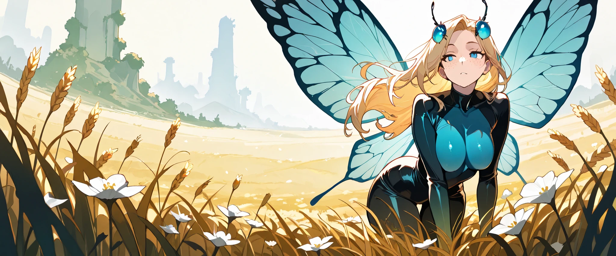 Stylized Highres Image, best quality, ((masterpiece)), 1girl, solo, blue eyes, blonde, long hair, freckles, best quality, ((masterpiece)), Insect Woman, tiny, small, on a giant flower, bug fiber bodysuit, floating top, Big BUG wings, wide range of colors, bug eyes, ((EXTREME CMYK colors), ((large apart breasts)), sexy, provocative, seductive, bug antenas, Bug wear, wheat field, ((sited on top of a overgrown flower)), aburdres, vibrant, frontal light, perfect light, Perfect eyes, extremely sery woman, mature, pointy tits, (detailed eyes:1.1),