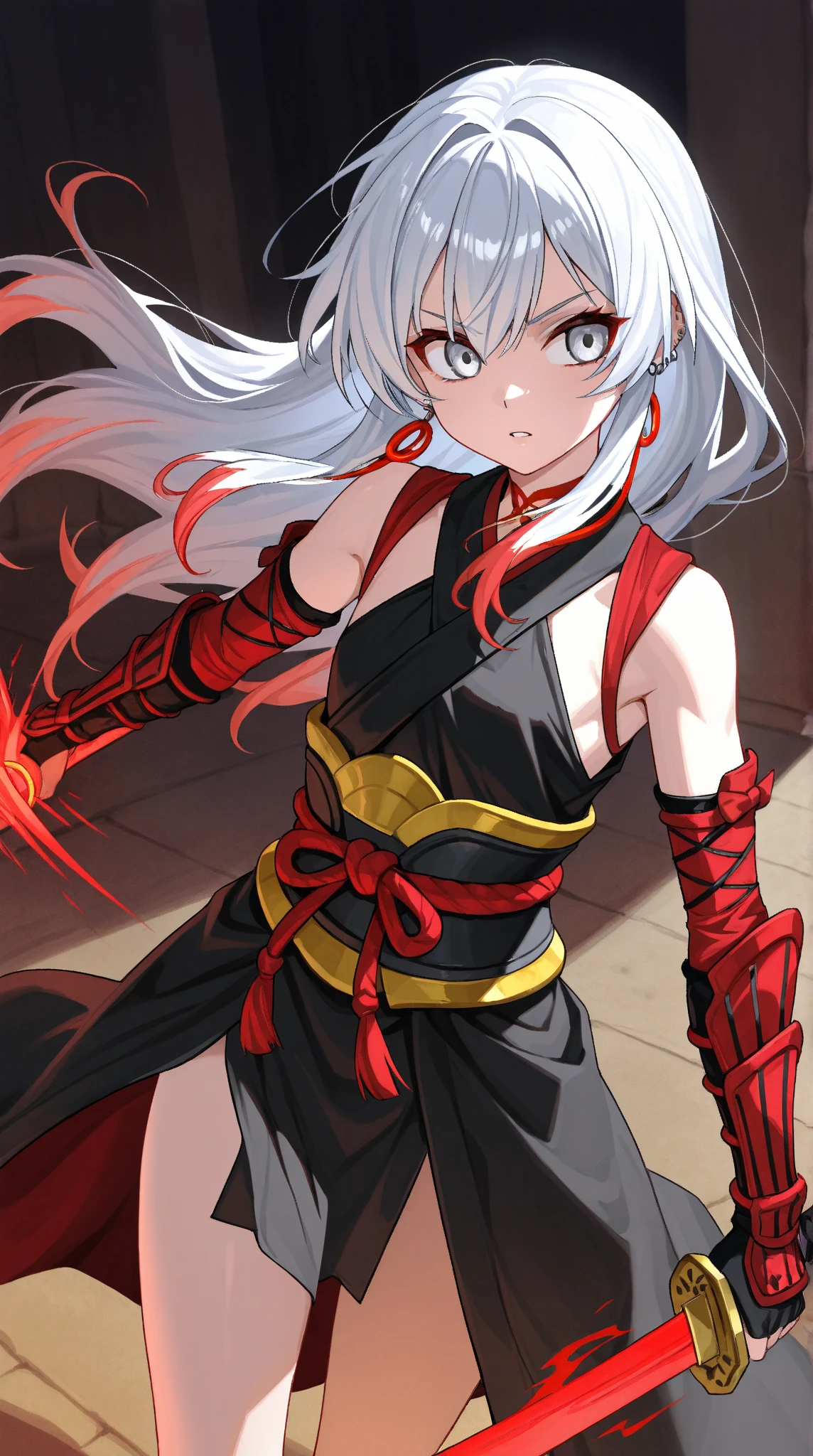 1girl, silver hair, string, ninja, higanbana, mask, short pants, shuriken