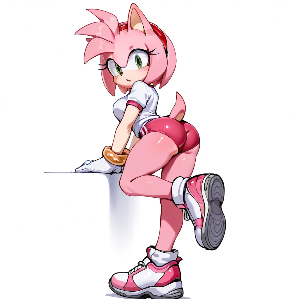Amy Rose, pink skin, green eyes, red headband, short hair, completely naked, nipples showing, pink nipples, pink skin, weakly shown abs, belly button, detailed collarbones, detailed tabs, perky boobs, thigh high stockings, black stockings, platform heels, Red high heels, visible pussy, open pussy, precise hands, Skinny body, Skinny body, , very thin, ,curves, thick, pecho big, big ass, busty, voluptuous, muslos bigs, small waist, Hourglass, bimbo, milf, big , big ass, sex, sex lésbicoo, penis in pussy,standing on one leg,standing split,leg hold,leg lift