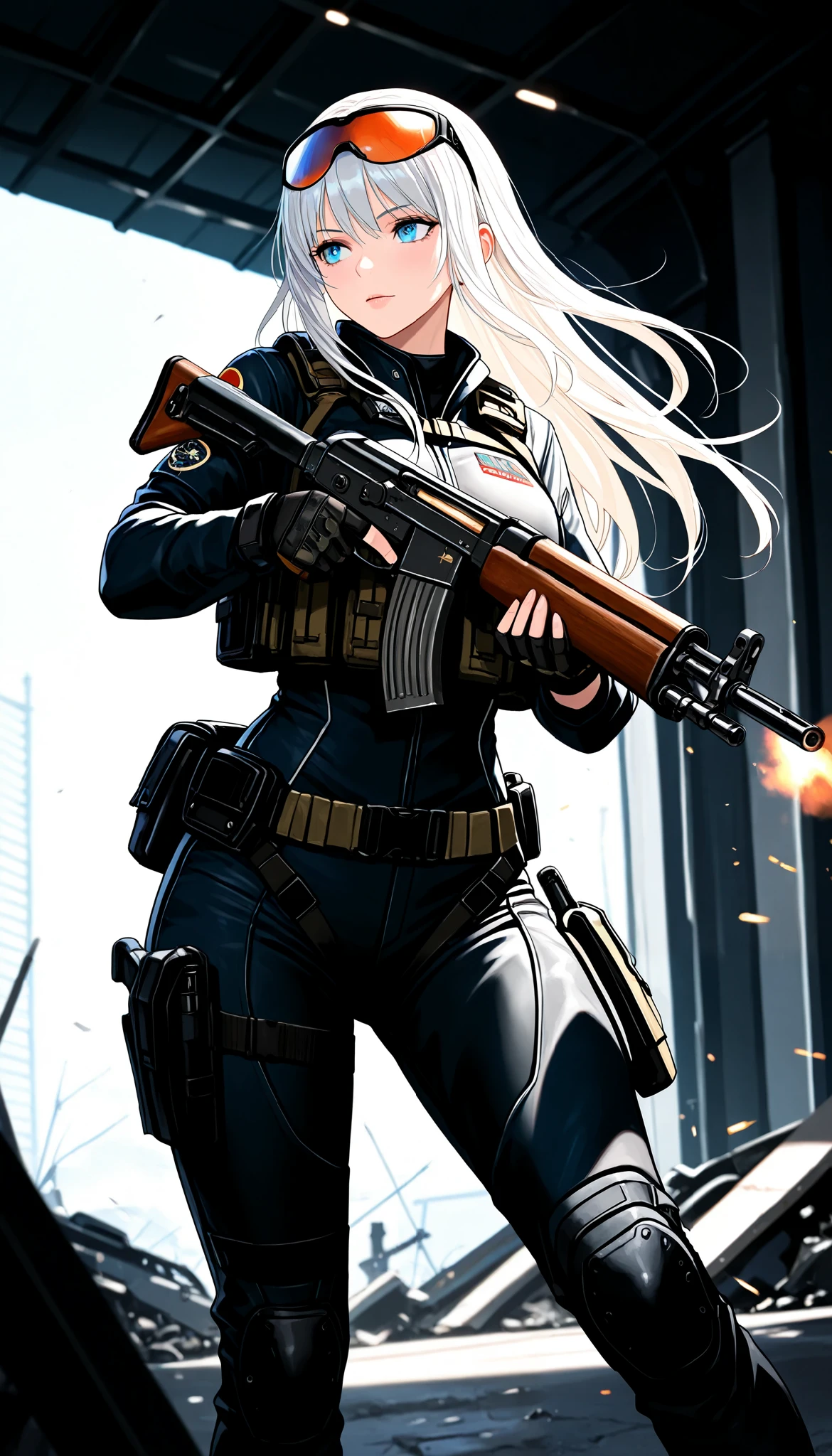 ( masterpiece, TOP QUALITY:1.2), 1 girl, alone, \ character " atlus"\, combat motion with guns, light manners to dodge bullets, Look at enemies and fight back, realistic bullets fired from high-performance rifles, cinematic smoke stages, nice& beautiful combat action,
