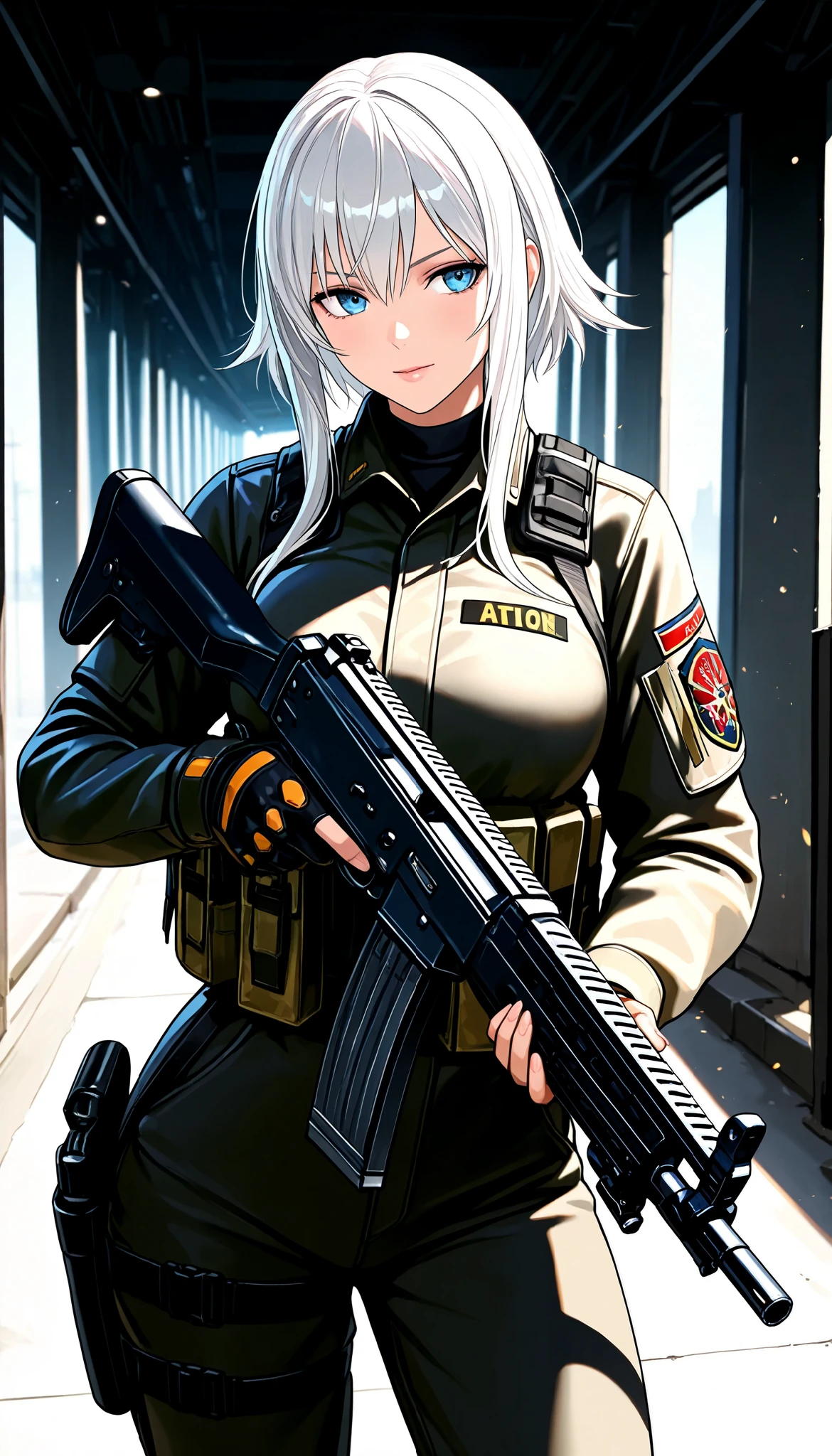 ( masterpiece, TOP QUALITY:1.2), 1 girl, alone, \ character " atlus"\, combat motion with guns, light manners to dodge bullets, Look at enemies and fight back, realistic bullets fired from high-performance rifles, cinematic smoke stages, nice& beautiful combat action,