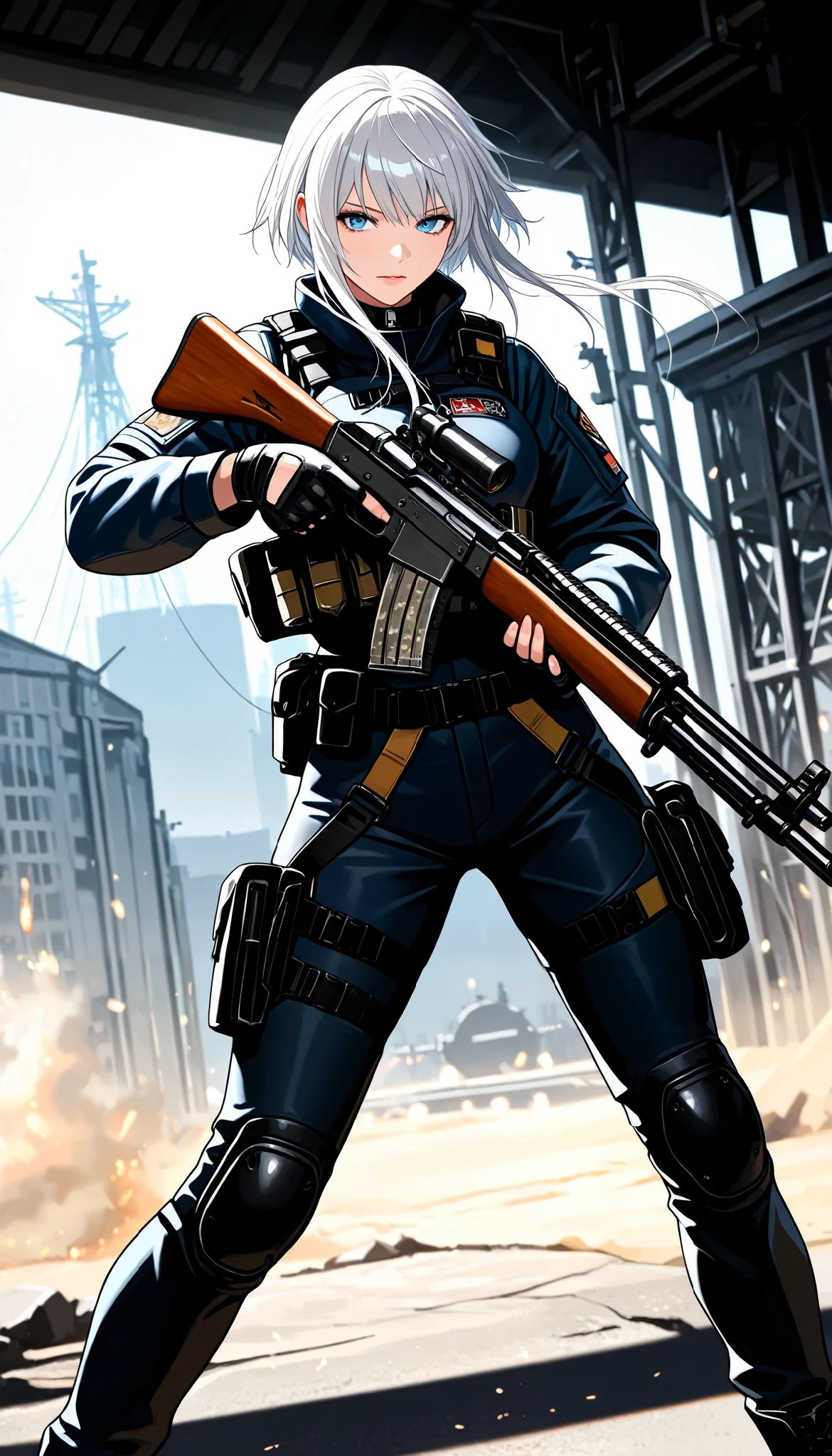 ( masterpiece, TOP QUALITY:1.2), 1 girl, alone, \ character " atlus"\, combat motion with guns, light manners to dodge bullets, Look at enemies and fight back, realistic bullets fired from high-performance rifles, cinematic smoke stages, nice& beautiful combat action,