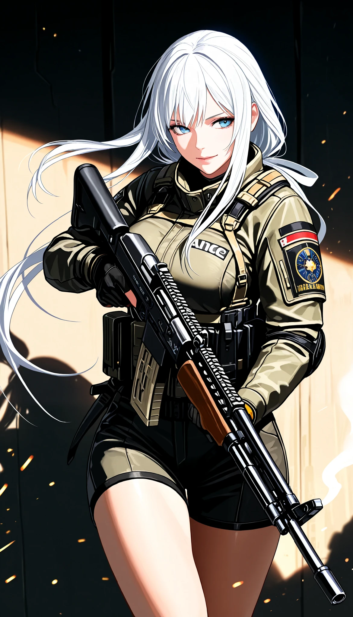 ( masterpiece, TOP QUALITY:1.2), 1 girl, alone, \ character " atlus"\, combat motion with guns, light manners to dodge bullets, Look at enemies and fight back, realistic bullets fired from high-performance rifles, cinematic smoke stages, nice& beautiful combat action,