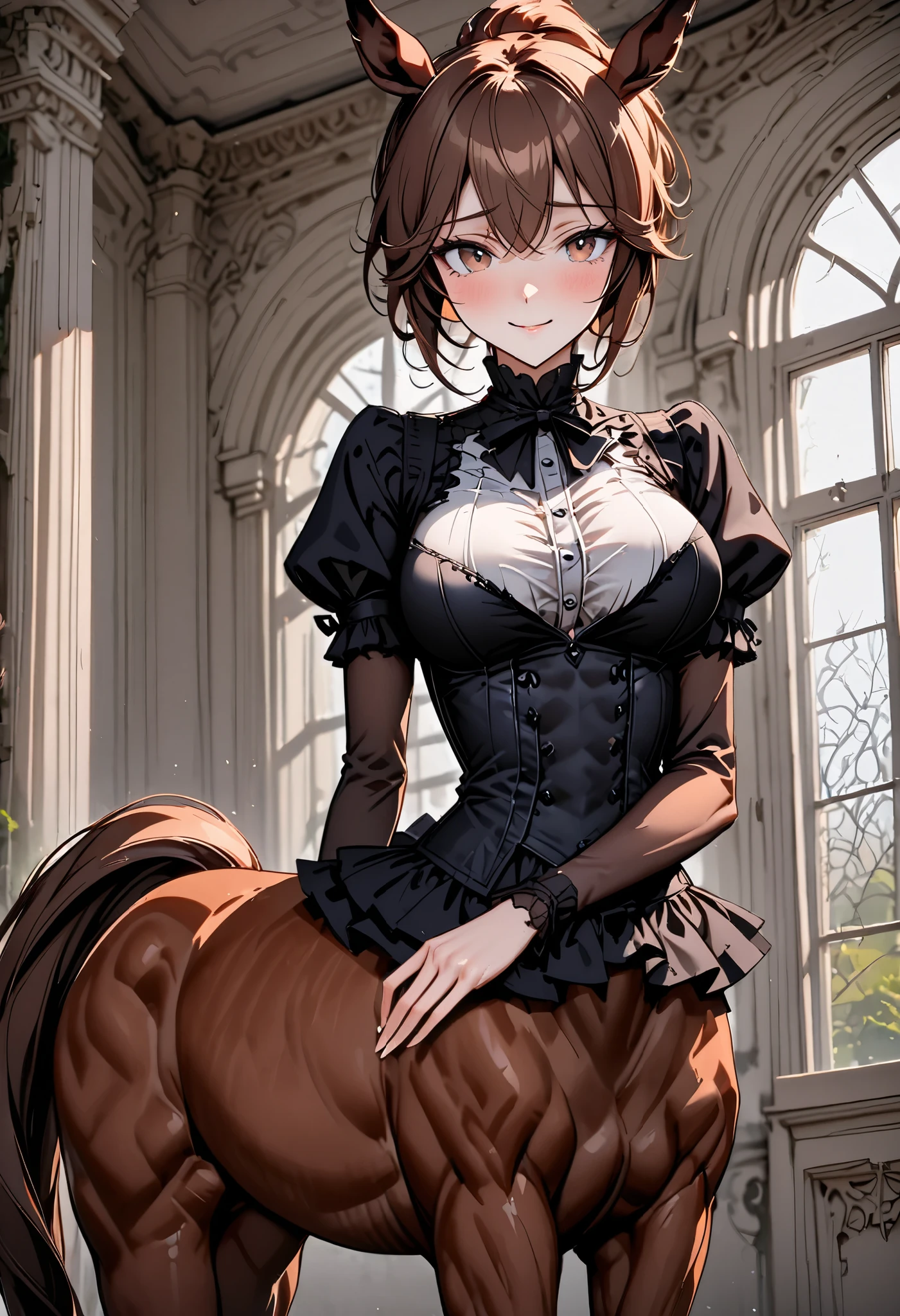 solo, solo, female, centaur, large breasts, thin waist, young, shy, intelligent, ballet, student, Chestnut brown fur, flaxen mane and tail, gentle, smile, mansion, close up, horse body, horse legs, centaur, centaur, Victorian, centaur girl, very tall