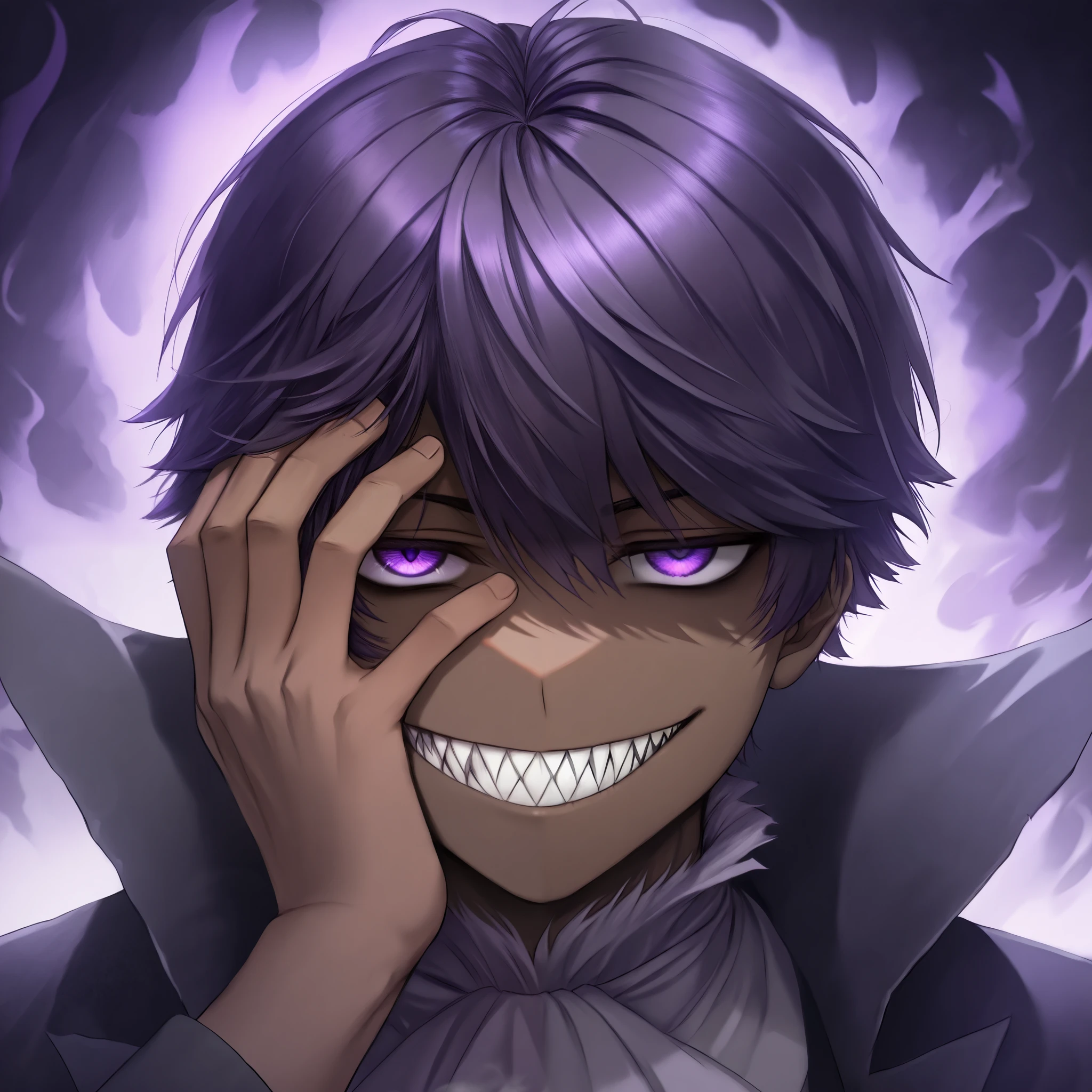  alone, 1 boy, Grim reaper's clothing , dark skinned, sample of teeth , sharp teeth,  evil smile, jitome, villain pose, shiny purple eyes,  short hair, black hair, purple hair, hand on the face 