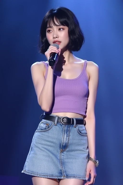 Janna Nick, hyper realistic, lifelike texture, dramatic lighting, Nikon RAW photo, 8k, Fujifilm XT3,CitrineDreamMix, masterpiece, best quality, realistic, naked, show vaginal, (photorealistic:1.4), ultra detailed, extremely detailed face, solo, full body visible, standing, holding microphone, in concert stage, (smile:1), tight wet white top, no pant, nipple protruding, (((cameltoe)))