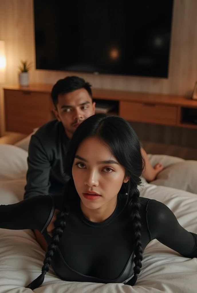 dramatic scene where a son found out that his mother has a naked picture in her phone, son blackmailing mother to undress, mother embarrassed, the mother is a beautiful indonesian woman, with features similar to Nora danish (40 yo beautiful celebrity, woman with slim body and medium saging breast mid short hair), 15 yo teenage nerd boy, the mother kneeling in front of his son, begging her son to forgive her. mother is wear hijab, she wear black victoria secret sexy lingerie and has an ashamed expression on her face. The son naked and show his cellphone to his mother, the mother pleads with tears in his eyes,the scene is captured in the living room at afternoon, intense emotions, cinematic, gritty realistic style, chiaroscuro lighting, intense facial expressions, vulnerable poses, sensitive content, powerful storytelling