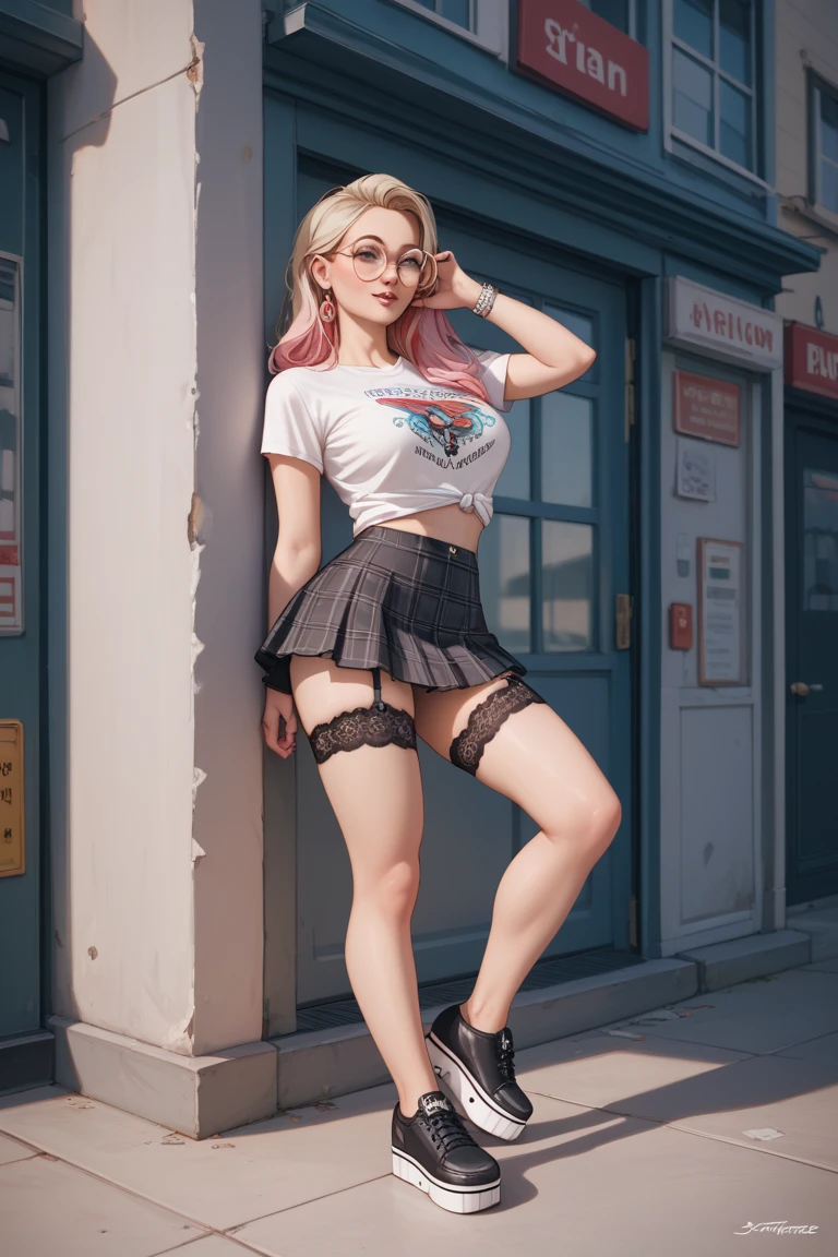 20k photograph, A full body photo, photorealistic, 20 years old smiling American woman, Masterpiece of realistic style, exceptional quality and ultra minute details, sensual hot, super sexy, super sensual, hyper hot, very dark night school outfit bright colors white color, short pink hair, goddess red, white top with red, plaid skirt and stripes, detailed face hazelnut eyes, detailed face, detailed eyes,  cyberpunk empty city, mexico rainy night with mist, alone, tanned, hazelnut eyes, thin nose elongated face, narrow pumulus athletic body, muscular body, , very narrow waist, , fitness body, detailed face, detailed body, detailed muscles, detailed skin, miniskirt, short skirt, arms behind, curvy, hdr, 8k, best quality, detailed, (very large fake silicon implants)