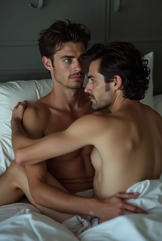 Create an intimate scene featuring two adult men engaged in a consensual sexual encounter. The setting should be a private and comfortable bedroom with soft lighting that creates a warm and inviting atmosphere. The men should be portrayed in a loving and respectful manner, with an emphasis on their emotional connection and mutual consent. The composition should focus on their bodies intertwined, capturing the physicality of the moment while maintaining an artistic and tasteful perspective. Attention to detail is important, including the realistic depiction of their physiques, expressions of pleasure, and the overall mood of intimacy and closeness.