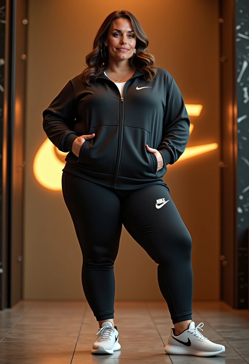 full body of an image of a beautiful long smiling face, big and big thigh wide hip lady model in her late 30s to early 40s. She should be white, with an athletic body type and a fit appearance, exuding a playful and energetic vibe. Her hair is medium-length, brown, and styled in a sporty yet chic manner. Her clothing should reflect a fitness-oriented lifestyle, including an outfit that is sports wear The model should have a friendly and approachable expression, ideally with a smile. The image should show a full view of her body. She is wearing white Nike shoes. The background should be simple and complement the fitness theme, perhaps an outdoor setting track