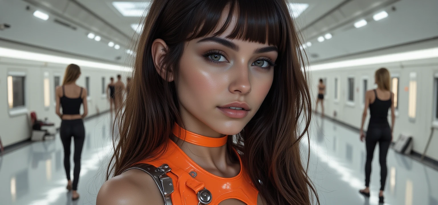 (Photorealsitic:1.4)、female、45 year old、Soryu Asuka Langley、Eva Unit 2 pilot、extremely busty,A slender、((((Wearing a gray pilot suit))、top-quality、extremely delicate and beautiful、high resolution、beautiful illuminating、1girl in、tall philanthropist、Earth Eye、Brown hair、(So real that you can mistake it for a photo)、illuminating the face、illuminating、face perfect、(Ultra-detailed eyesnose-mouth-tongue)、sexypose、illuminating the face、(Draw the whole body)、face perfect、space station,, upper body, cowboy shot