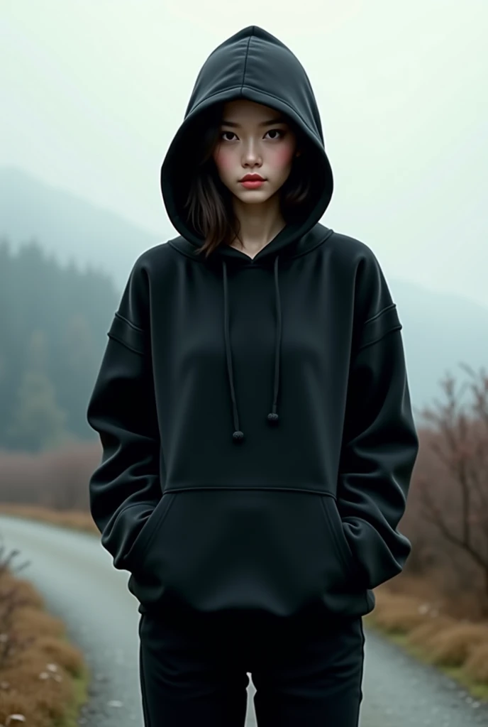 Beautiful asian girl in a black hoodie, in black pants, Japanese