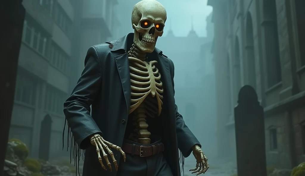 A skeleton ghost wearing jeans and holding a 9mm gun and no shirt.