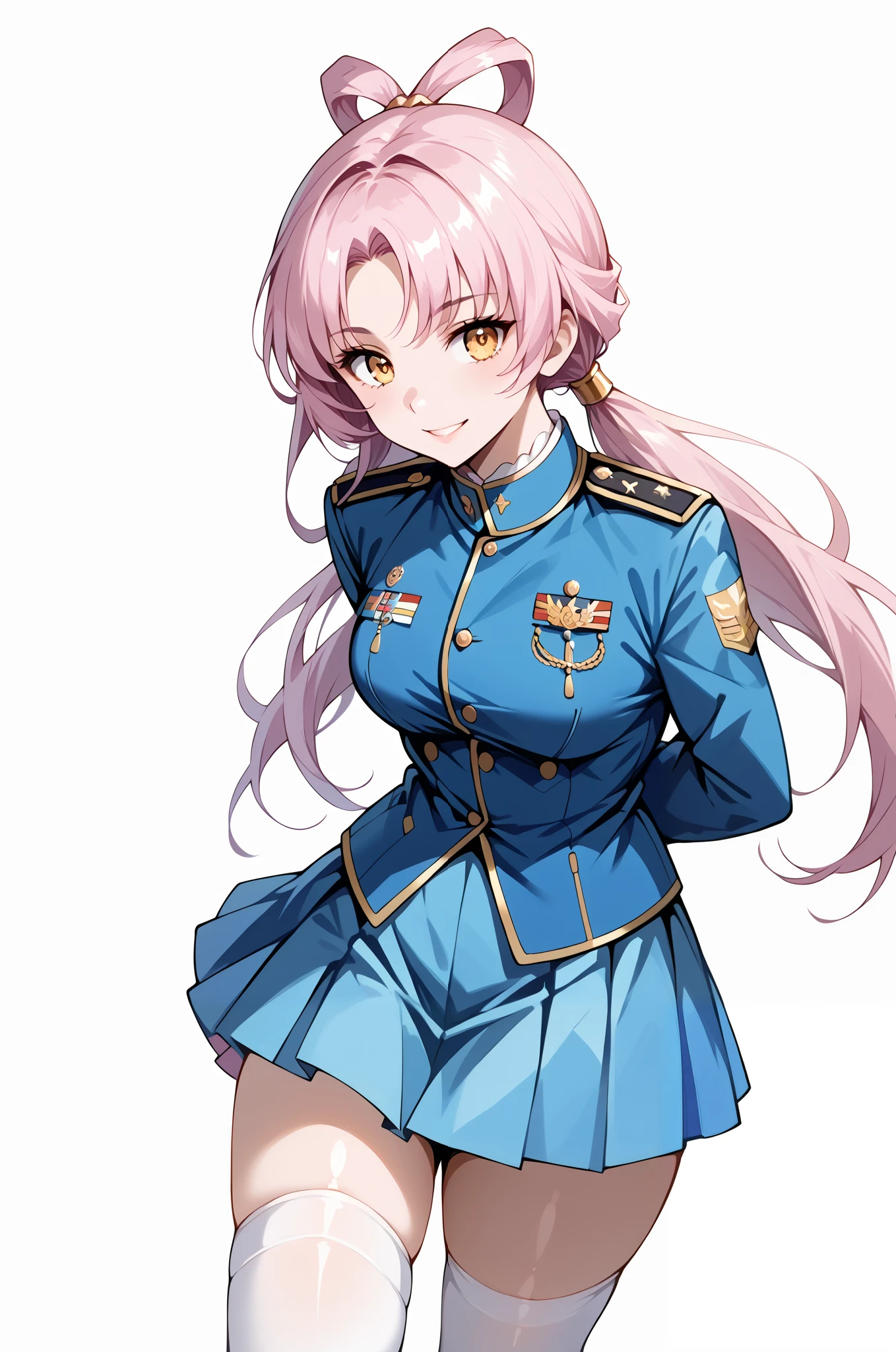 score_9, score_8_up, score_7_up, source_anime, 4K,perfect fingers,(perfect hands, perfect anatomy),prefect lighting, very aesthetic, intricate details,highly detailed background, masterpiece, high quality, best quality,
1girl,solo,fu xuan, pink hair, yellow eyes, bare shoulders, parted bangs, twin tails, bow-shaped hair, low twintails,Large Breast,
wearing ((blue jacket, blue skirt, jacket,military, military uniform,shirt, skirt, thighhighs, uniform, white shirt, white thighhighs, )),,
((White plain background:1.5)) , looking at viewer, smile,((hands behind back:1.5)), (perfect hands, perfect anatomy),cowboy shot, filed, high thigh individual , fullbody,Stand up,((front look:1.5)),leaning forward:1.3,