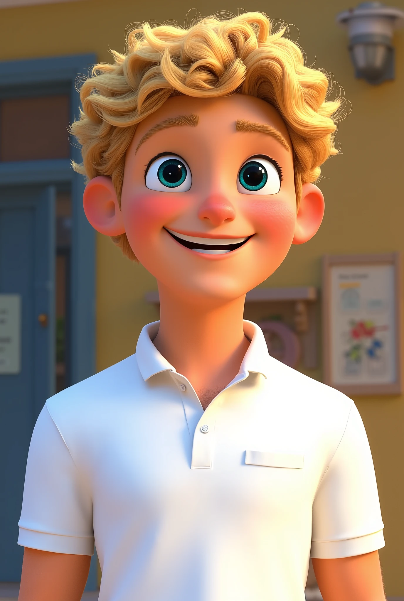 A man around 18 years old, white skin, curly blond hair, making a facial expression that exudes happiness, wearing a white polo shirt with a chest pocket without any print, 8k pixar style image