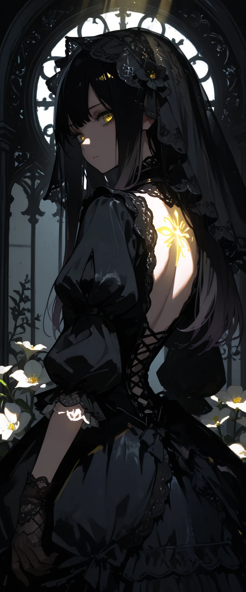top quality , masterpiece, 748cm style , 1 girl, , viewers, , gradient hair, black hair, long hair, yellow eyes , gothic dress, black dress, gothic veil, lace gloves, bridal veil, looking at viewer, gothic background, perfect waist, standing, eyelevel shots, lace gloves, puffy sleeves, dynamic light, glowing, lighting, backlight, flowers, flower