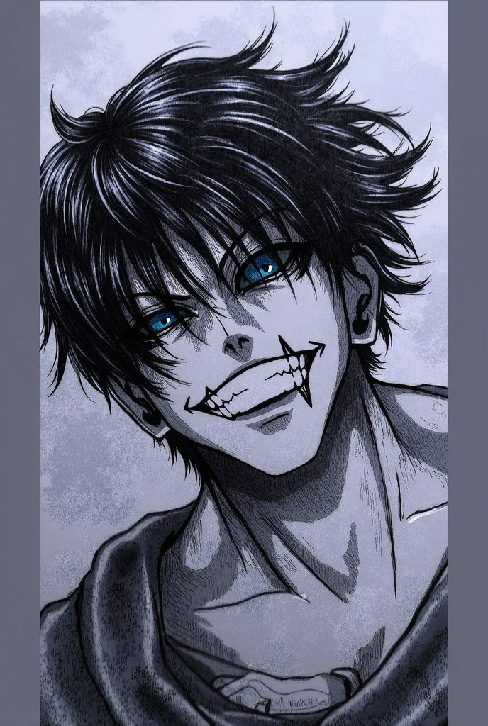 A psychopath with an evil smile. Messy hair.