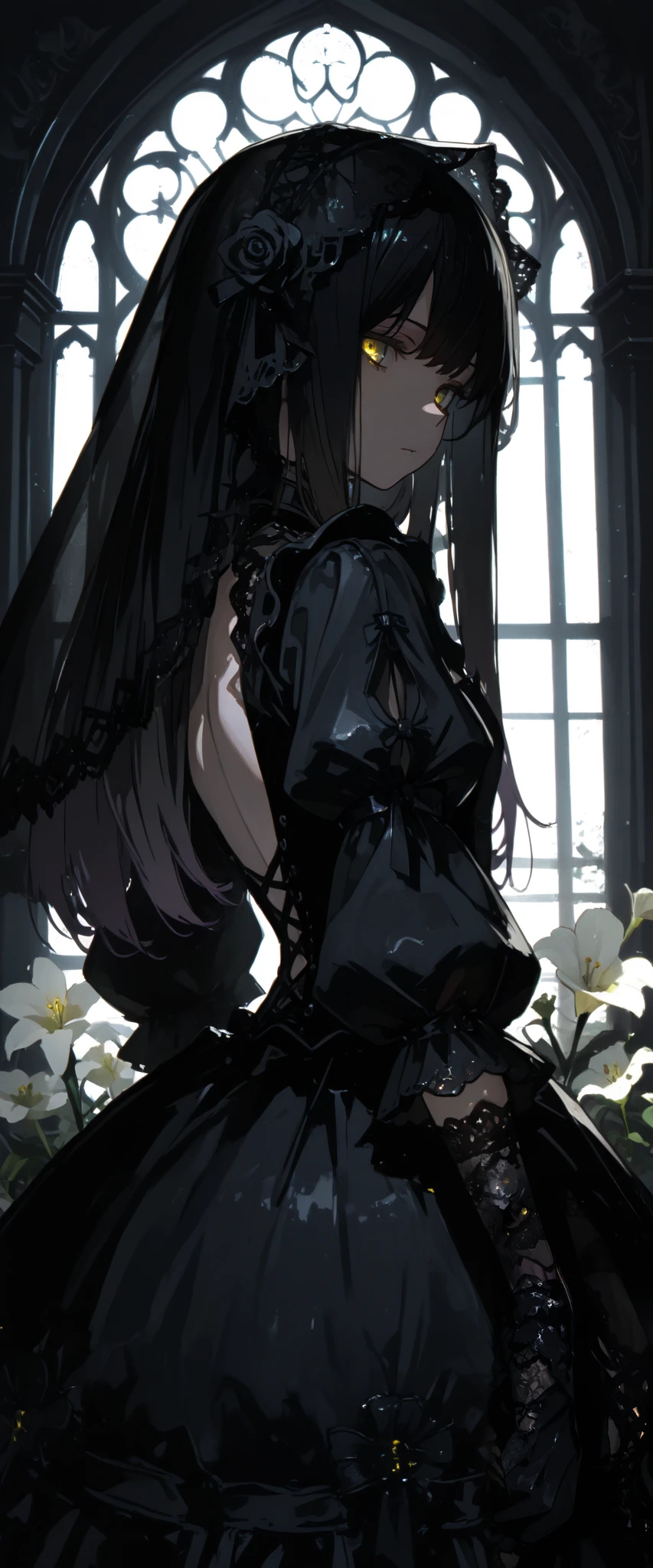 top quality , masterpiece, 748cm style , 1 girl, , viewers, , gradient hair, black hair, long hair, yellow eyes , gothic dress, black dress, gothic veil, lace gloves, bridal veil, looking at viewer, gothic background, perfect waist, standing, eyelevel shots, lace gloves, puffy sleeves, dynamic light, glowing, lighting, backlight, flowers, flower