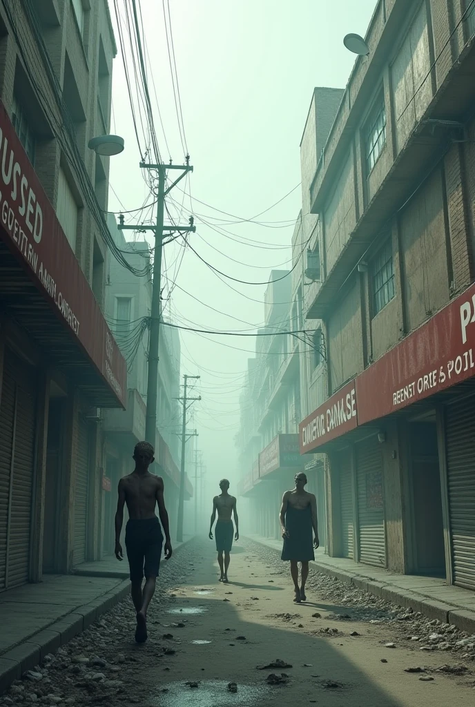 poor infrastructure in india with broken buildings cracked highways with 3 naked women and 1man with each other beside highway
