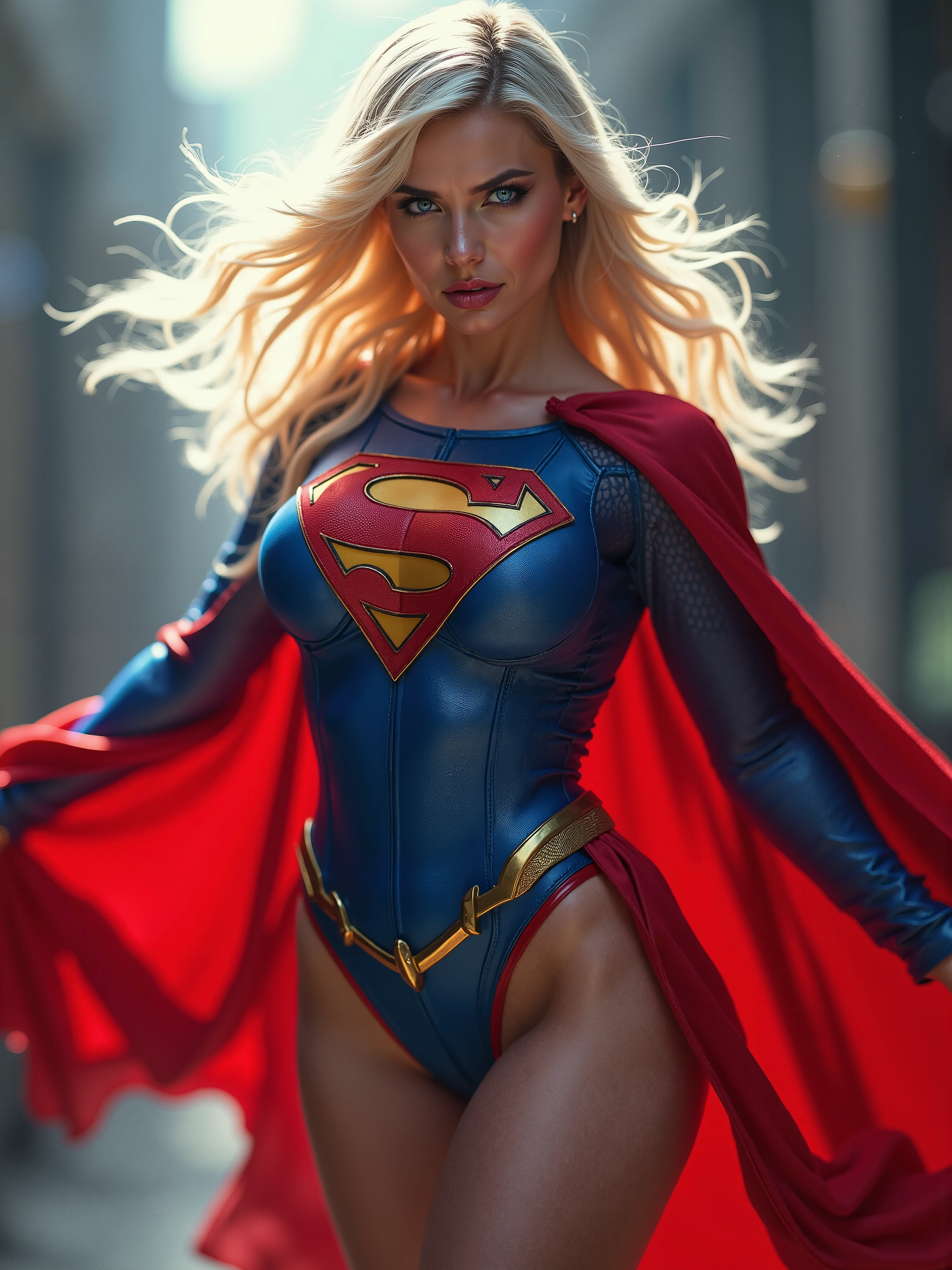 A SEXY AND BUSTY 18 YEAR OLD YOUNG GIRL WITH BLONDE HAIR DONE UP NICLEY, AND DAZLING BLUE SAPHIRE EYES, WEARING A SPANDEX 1984 BLUE SUPERGIRL COSTUME COMEPLETE WITH A LONG READ PLEATED SKIRT WITH A YELLOW SUPERGIRL BELT, A PAIR OF RED HEELED BOOTS WITH YELLOW TRIM, AND A LONG FLOWING RED CAPE WITH THE GOLD "S" EMBLEM. RED LIPSTICK, RED FINGERNAILS. INCREDIBLY DETAILED GLOWING SKIN, INCREDIBLEY DETAILED FACE, INCREDIDBLEY DETAILED CLOTHING, TEXTURED SKIN PORES, TEXTURED HAIR, 8K ABSURD RESOLUTION, MASTERPIECE. PHOTO REALSITIC, HYPER REALISTIC. MYSTICAL BACKGROUND. 16K RESOLUTION. PREFESSIONAL GRADE IMAGE.