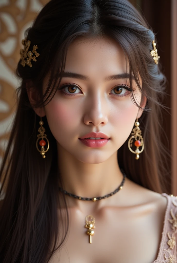 8k, RAW photo, fujifilm, Beautiful 23 year old Japanese woman style photo, Cute egg-shaped face, red rose on neck, wearing a red and black lace dress, gold earrings, Strong features like a spinning pigeon, (highly detailed skin: 1.2), light medium brown hair, film grain, 35mm, cute style