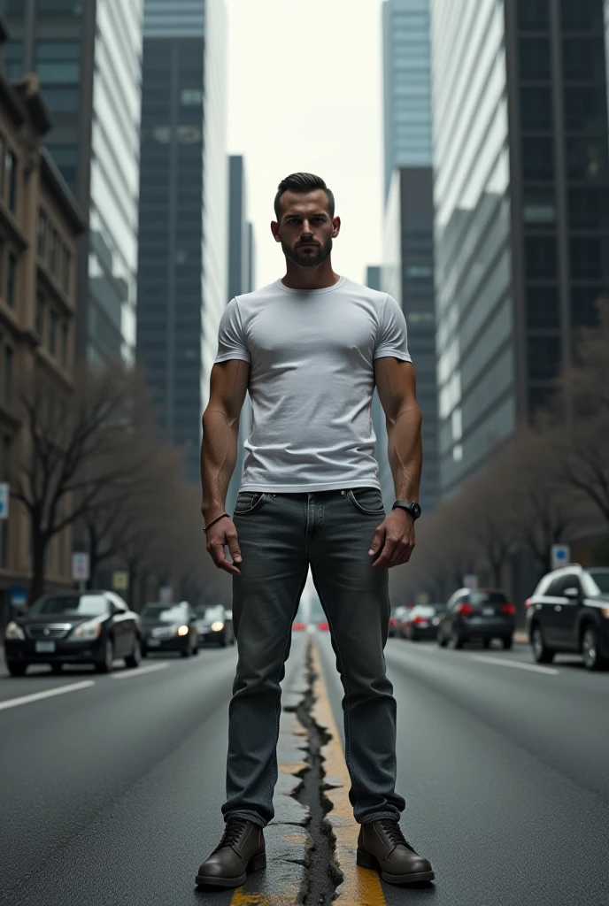 Teen male in armoured scull mask, topless, white cargo pants, full body view, city, background blur, chromatic aberration, bokeh, skinny body, white hair