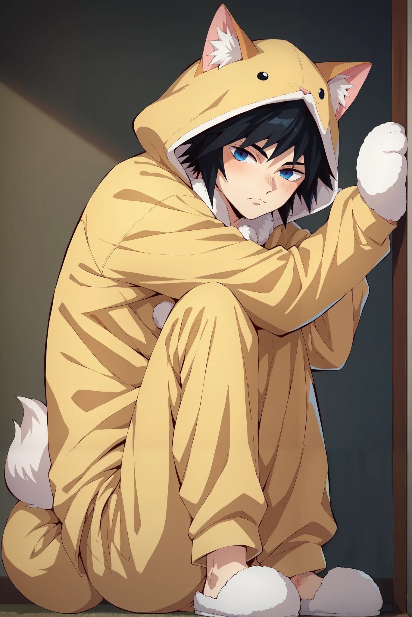 ((masterpiece)), ((best quality)), (8k), 1boy , 1Man, (Giyuu Tomioka), looking at viewer, wearing oversized kitten hoodie pajamas, fluffy bunny slippers, blushing cheeks, (fluffy faux fur texture:1.3), (pompom tail:1.2), hood with (realistic cat ears:1.4) and (embroidered whisker details), paw-shaped mittens, cool face, gentle ambient lighting, Anime boy, Anime style, bedroom background